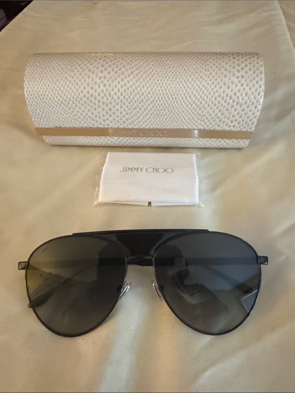 Jimmy Choo Black Gradient Aviator Sunglasses with White Snakeskin Case